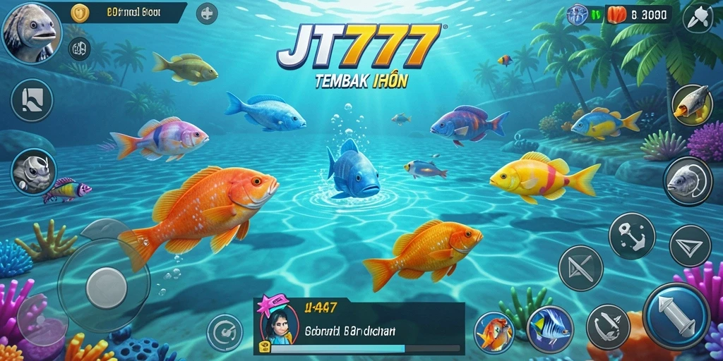 Tampak gameplay seru JT777 dengan ikan berwarna-warni yang melompat.