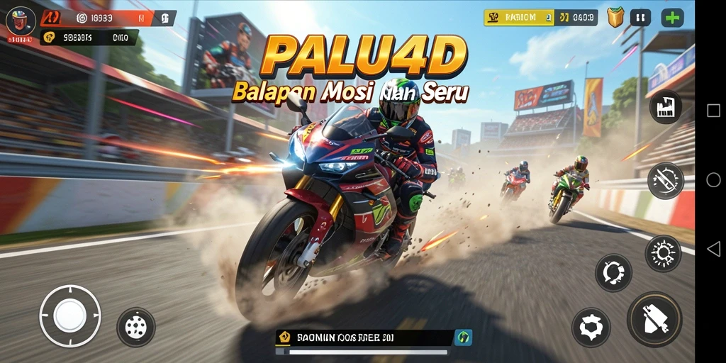 Screenshot gameplay PALU4D menunjukkan motor balap melaju kencang di lintasan.
